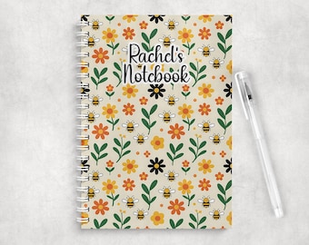 Personalised Bumble Bee A5 Notebook • Custom Name Journal • Glossy Cover • Coloured Spine Pretty Name Notebook Notepad Note book