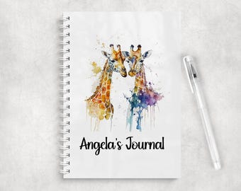 Personalised Giraffe A5 Notebook, Watercolour Art, Custom Name Journal (Lined/Blank)