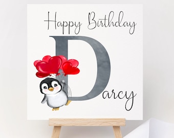 Pretty Cute watercolour Happy Birthday greeting card personalised with name and Initial. Perfect for Penguin Zoo animal Fan, penguin card