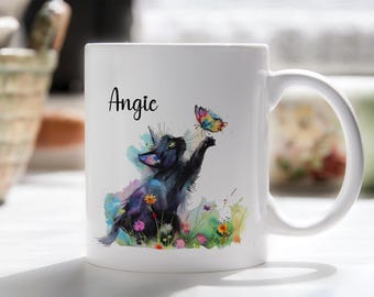 Personalised Black cat and Butterfly mug, Watercolour pretty graphics with name above
