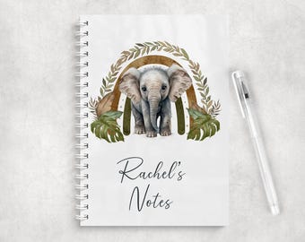 Personalised Pretty Elephant A5 Notebook • Custom Name Journal • Glossy Cover • Coloured Spine Name Notebook Notepad, Elephant Stationery