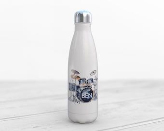 Personalised Drummers Drum Water Bottle – 500ml Bowling Pin Bottle, Cute Gift, Stainless Steel Insulated Drinks Bottle, Custom Name Bottle