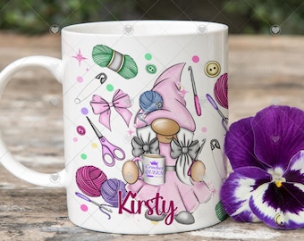 FREE POSTAGE** Lovely bright cute Gonk Gnome Crochet Queen Personalised mug cup, great friendship gift, crochet mug, crochet cup, Name mug