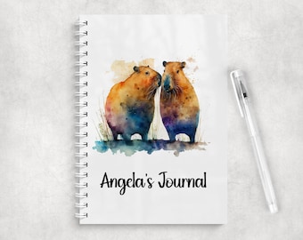 Personalised Pretty Capybara A5 Notebook • Custom Name Journal • Glossy Cover • Coloured Spine Name Notebook Notepad, Capybaras Stationery