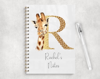 Personalised Giraffe Initial A5 Notebook • Custom Name Journal • Glossy Cover • Coloured Spine Pretty Initial Notebook