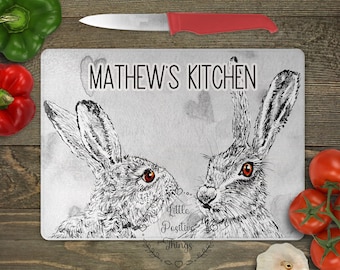 Hares chopping board, chopping board, Black & White Wild Hares chopping board, Glass chopping board, worktop saver, new home gift, kitchen