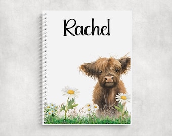 Personalised Highland Cow A5 Notebook • Custom Name Journal • Glossy Cover • Coloured Spine Name Notebook Notepad, Highland Cow Stationery