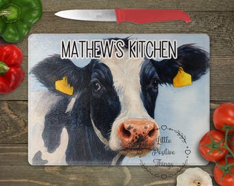 Personalised Dairy Cow Small Glass Chopping Board, Farmhouse Kitchen Decor