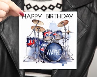 Drummer Birthday Card. Personalised Drummer Card. Union Jack Drums. Happy Birthday Card Drummer. Drums Birthday Card. Custom Name Card