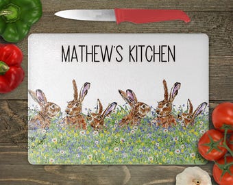 Hares chopping board, chopping board, Black & White Wild Hares chopping board, Glass chopping board, worktop saver, new home gift, kitchen