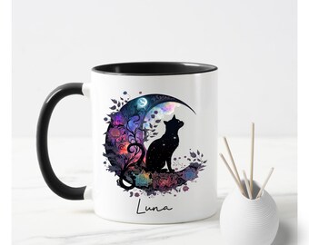 Black cat mug, Cat mug, Sister, Friend, Cat lover, Black cats, Cat and Moon mug, Personalised cat mug. Mystic Moon. Cat Gift, Present