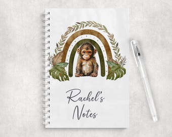 Personalised Pretty Monkey A5 Notebook • Custom Name Journal • Glossy Cover • Coloured Spine Name Notebook Notepad, Monkey Stationery