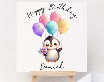 Pretty Cute watercolour Happy Birthday greeting card personalised with name. Perfect for Penguin Zoo animal Fan, penguin card, balloon card