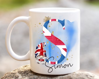 Personalised Initial, Union Jack Mug, Britain, British Mug, UK Mug, Gnome Mug, Great Gift, Patriotic Mug, Present, Citizenship present