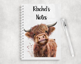 Personalised Highland Cow A5 Notebook • Custom Name Journal • Glossy Cover • Coloured Spine Name Notebook Notepad, Highland Cow Stationery