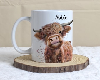Personalised Highland cow mug, Pretty Cow cup, Cow mug, Personalised mug, Highland cow mug, Scottish cow mug, Sister, Friend, Mum, Birthday