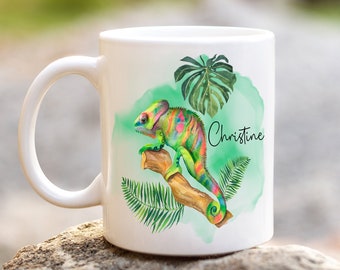 FREE POSTAGE** Dishwasher safe Personalised name Lovely bright watercolour Cute Chameleon Reptile mug cup, great friendship gift