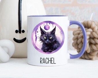 Mystic Moon Black cat purple mug, Cat mug, Sister, Friend, Cat lover, Black cats, Cat and Moon mug, Personalised cat mug. Black cat gift
