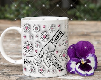 Lovely 3D effect Mother and Child Children mug, Up to 6 children, Mothers Day or Birthday gift present, Cute Mum mug from kids, Floral Mom