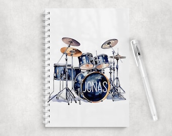 Personalised Blue Drum Kit A5 Notebook • Custom Name Journal • Glossy Cover • Coloured Spine Name Notebook Notepad, Musicians Stationery