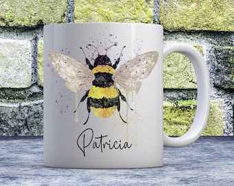 Personalised name Lovely bright watercolour Bumble Bee Honey cute Personalised mug cup, great friendship gift, Bee mug, Bee gift, Name mug