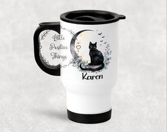 Personalised Black Cat Travel Mug • Moon Design Custom Name Mug • Stainless Steel Insulated Cup Gift