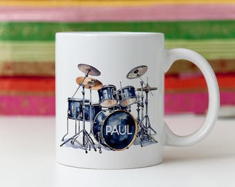 Personalised Name Custom Drum Kit Mug – Unique Gift for Drummers, Music Fans & Band Members. Music Lovers and Musicians. Band Name Present