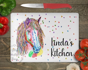 Horse chopping board, chopping board, Rainbow Horse hearts chopping board, Glass chopping board, worktop saver, new home gift, kitchen