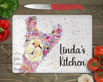 Llama chopping board, chopping board, Rainbow Llama splatter chopping board, Glass chopping board, worktop saver, new home gift, kitchen