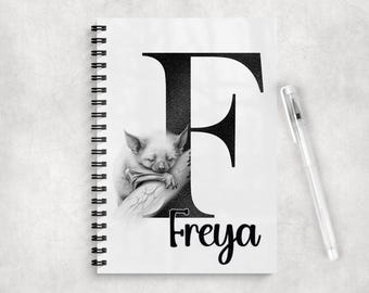 Personalised Bat Initial A5 Notebook • Custom Name Journal • Glossy Cover • Coloured Spine Pretty Initial Softback Notebook