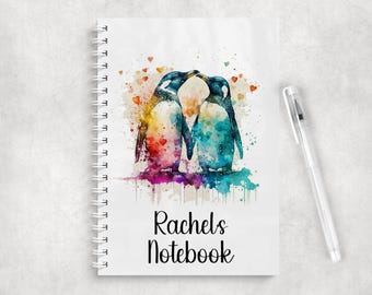 Personalised Penguin A5 Notebook • Watercolour Art Journal, Custom Name Stationery