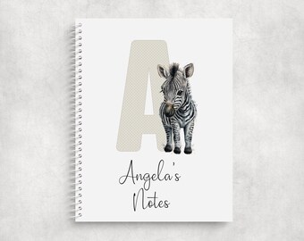 Personalised Zebra Initial A5 Notebook • Custom Name Journal • Glossy Cover • Coloured Spine Pretty Initial Softback Notebook