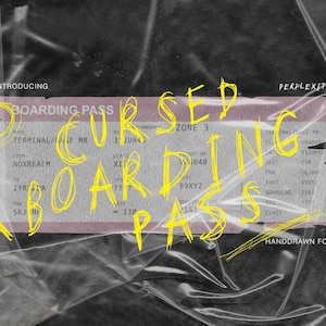 May include: A graphic design featuring a distressed boarding pass with the words "CURSED BOARDING PASS" in yellow, handwritten font. The design includes the text "INTRODUCING" and "HANDDRAWN FONT" on a textured background.