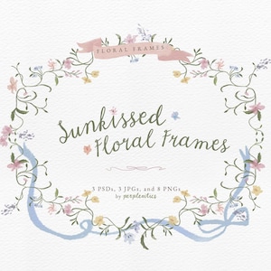 May include: An oval floral frame design with the text "Sunkissed Floral Frames" in a handwritten style. The frame is adorned with watercolor flowers in pink, yellow, and blue, with a banner that reads "Floral Frames".