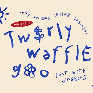 Puede incluir: Un gráfico digital que presenta el texto azul Twirly Waffle, very serious letter business y font with dingbats. Incluye ilustraciones azules dibujadas a mano de un sol, flores y formas abstractas sobre un fondo crema con un logotipo ovalado rojo.