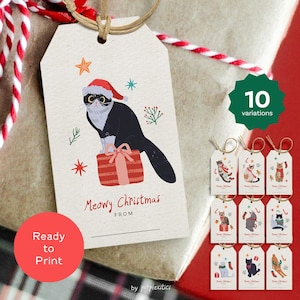 Printable Christmas Gift Tags Santa Cat Christmas Gift Tag Set Merry Christmas Ready to Print