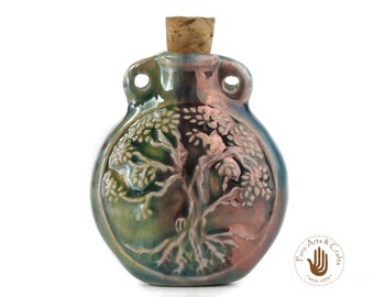 Tree of Life Raku Bottle - Raku peruvian cercamic bottle - for essences, perfumes and potions