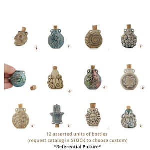 May include: Assortment of twelve ceramic bottles with cork stoppers. Each bottle features unique designs, including a skull, octopus, and sun face. The bottles are in various colors, including beige, blue, and green. Text on the image reads "12 assorted units of bottles".