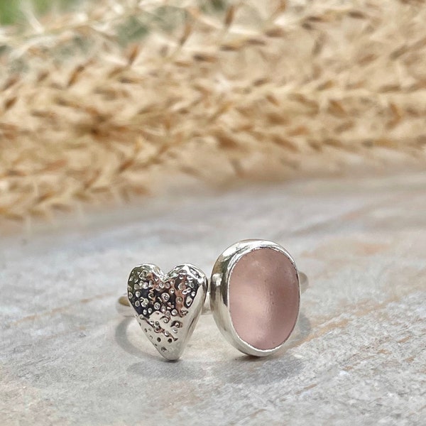 Rare Light Pink Sea Glass & Fine Silver Heart Ring