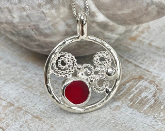 Ruby Red Sea Glass & Silver Swirls Tidal Pool Necklace
