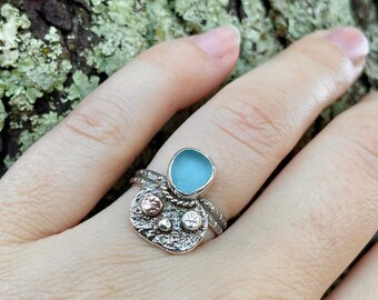 Cyan Blue Sea Glass & Textured Silver Sandbar Ring