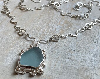 Ocean Waves Sky Blue Sea Glass & Silver Necklace