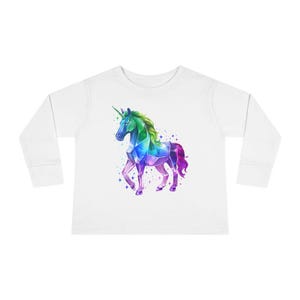 Kleinkind Langarm T-Shirt - Regenbogen Kristall Einhorn T-Shirt, 100% Baumwolle, Kinder Grafik T-Shirt, magisches Regenbogen Einhorn Kleinkind Top