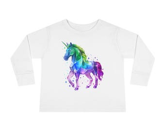 Toddler Long Sleeve Tee - Rainbow Crystal Unicorn T-Shirt, 100% Cotton, Kids Graphic Tee, Magical Rainbow Unicorn Toddler Top