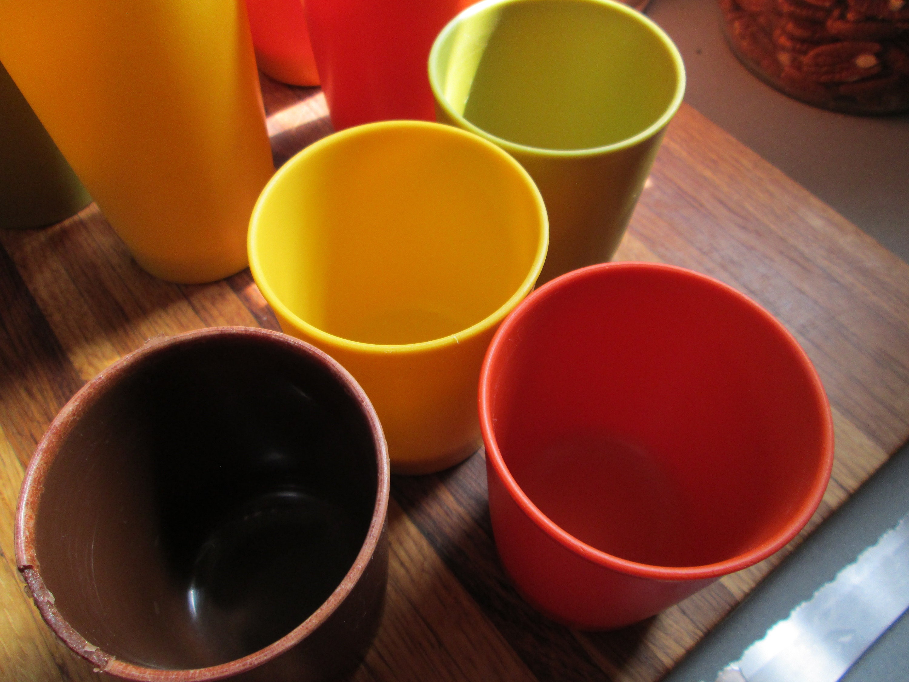 Vintage Tupperware Cups in Yellow, Red, Orange, Green and Brown. Two