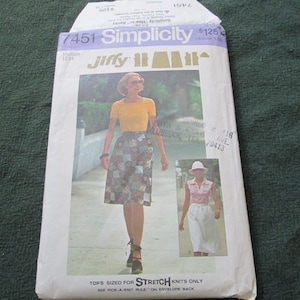 May include: Simplicity pattern number 7451 for a skirt and top. The pattern is for stretch knits only. The model is wearing a yellow top and a multi-colored skirt. The pattern is $1.25.