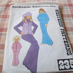 May include: A sewing pattern for two outfits, one in blue and one in purple, with a white background and the text "Authentic Patterns, Inc. Western Patterns 235".