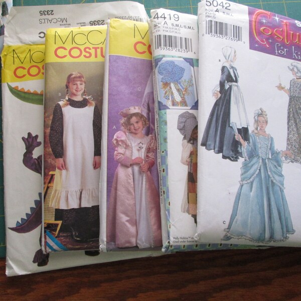 5 Costume Patterns Simplicity and McCall's Child's size Sm, Med, Lrg 7-14 Boys and Girls Pioneer, Princess, Dragon for Halloween. Uncut