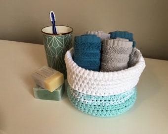Crocheted Cotton Basket (Pale Blue/White)