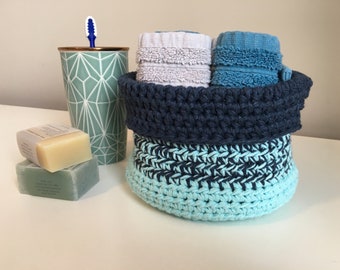 Crocheted Cotton Basket (Pale Blue/Navy)